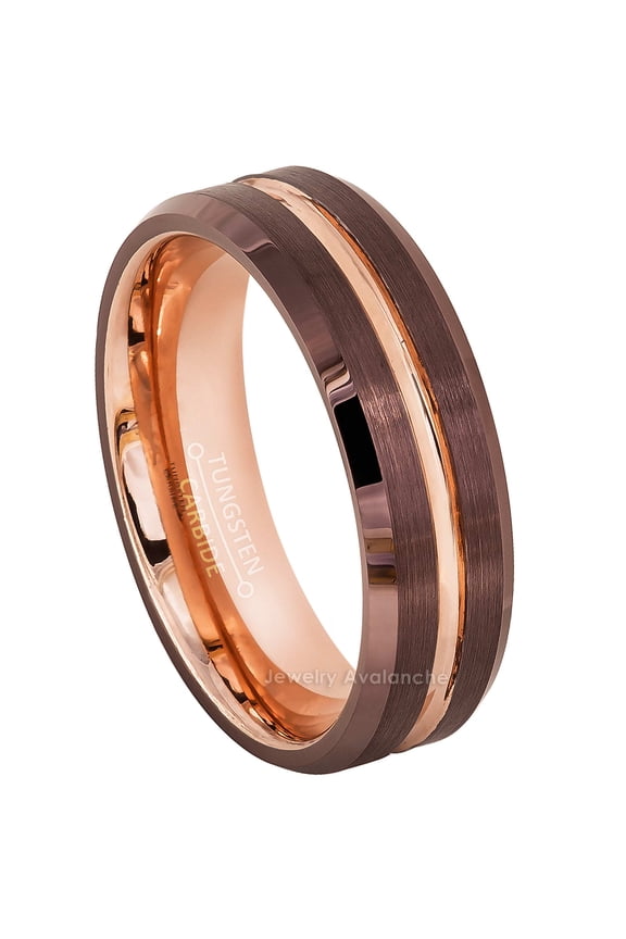 6mm 2-Tone Brushed Finish Brown & Rose Gold IP Grooved Tungsten Carbide Wedding Band Engagement Ring Comfort Fit - #960PLs9.5
