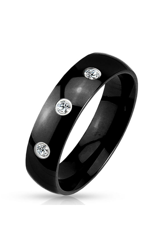 6mm 3 CZ Set Classic Dome Black IP 316L Stainless Steel Wedding Band Men's Ring (SIZE: 9)