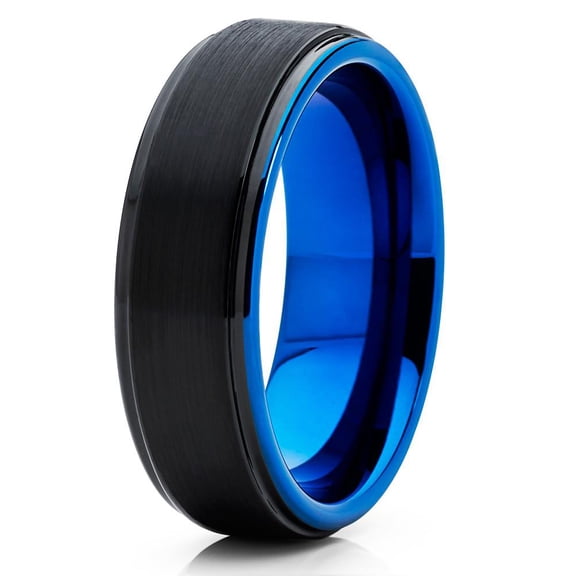 6mm Black Brushed Tungsten Carbide Wedding Band Blue Inlay Stepped Edge Mens Ring