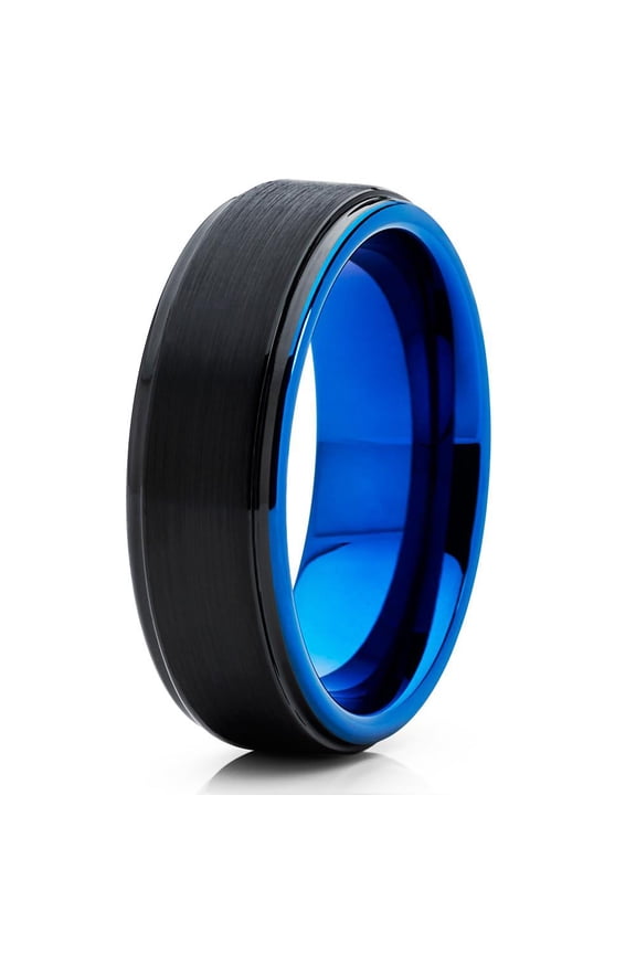 6mm Black Brushed Tungsten Carbide Wedding Band Blue Inlay Stepped Edge Mens Ring