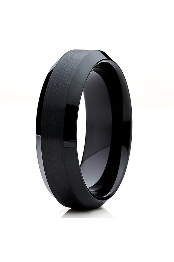 6mm Black Brushed Tungsten Carbide Wedding Ring Polished Beveled Edges Mens Womens Band
