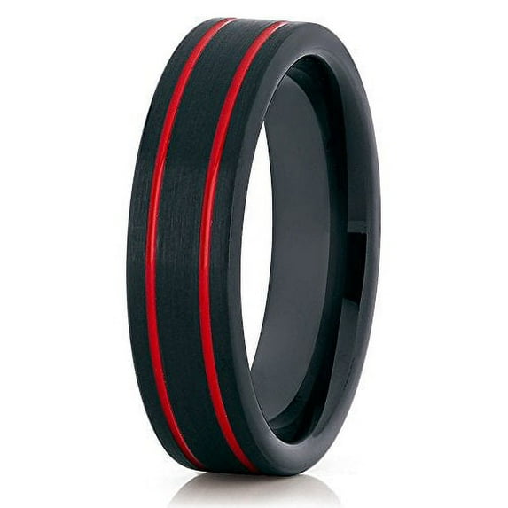 6mm Black Brushed Tungsten Ring Carbide Wedding Band Double Red Groove Comfort Fit Mens Womens 7