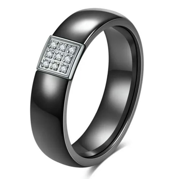 6mm Black Ceramic Round AAA White CZ Band Women's Wedding Fashion Ring Size 6-10