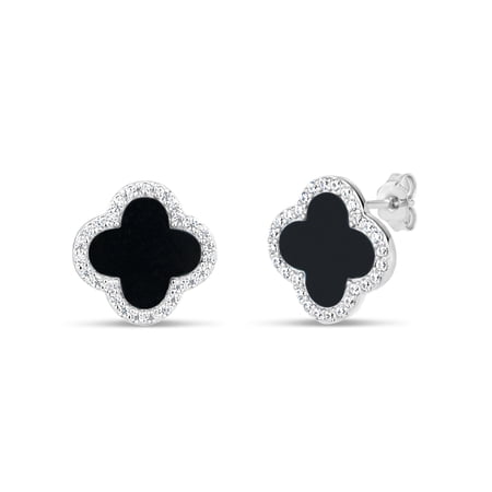 6mm Black Onyx and White Cubic Zirconia Sterling Silver Rhodium Plated Clover Stud Earrings