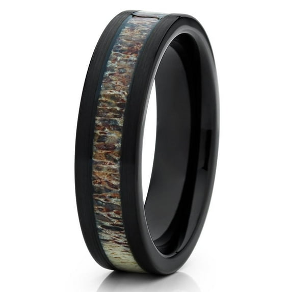 6mm Black Tungsten Carbide Wedding Ring Deer Antler Insert Unique Comfort Fit Mens Womens Band 10