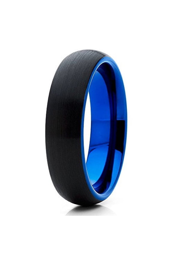 6mm Blue Tungsten Wedding Band Brushed Black Tungsten Tungsten Carbide Band Men & Women Comfort Fit