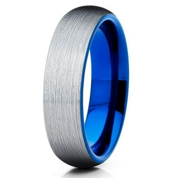 6mm Blue Tungsten Wedding Band - Silver Brush - Tungsten Wedding Ring
