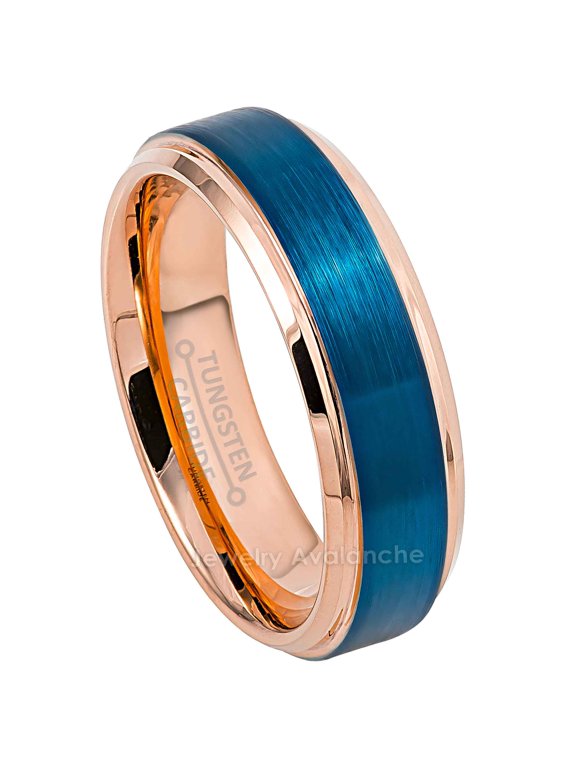 6mm Brushed 2-Tone Blue & Rose Gold IP Tungsten Carbide Wedding Band Engagement Ring Comfort Fit - #962PLs10.5
