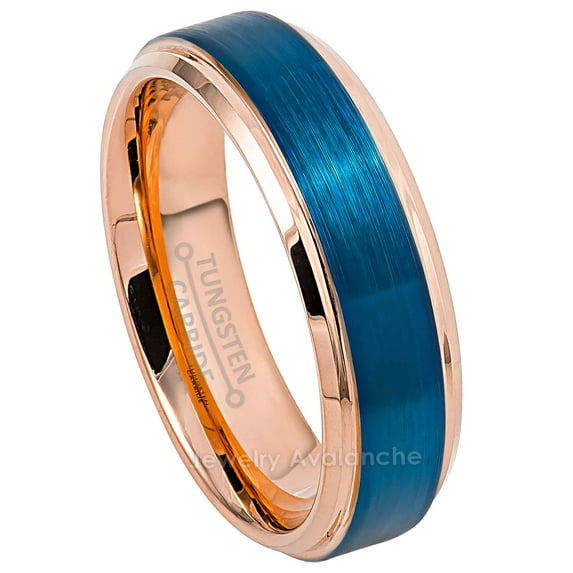 6mm Brushed 2-Tone Blue & Rose Gold IP Tungsten Carbide Wedding Band Engagement Ring Comfort Fit - #962PLs8