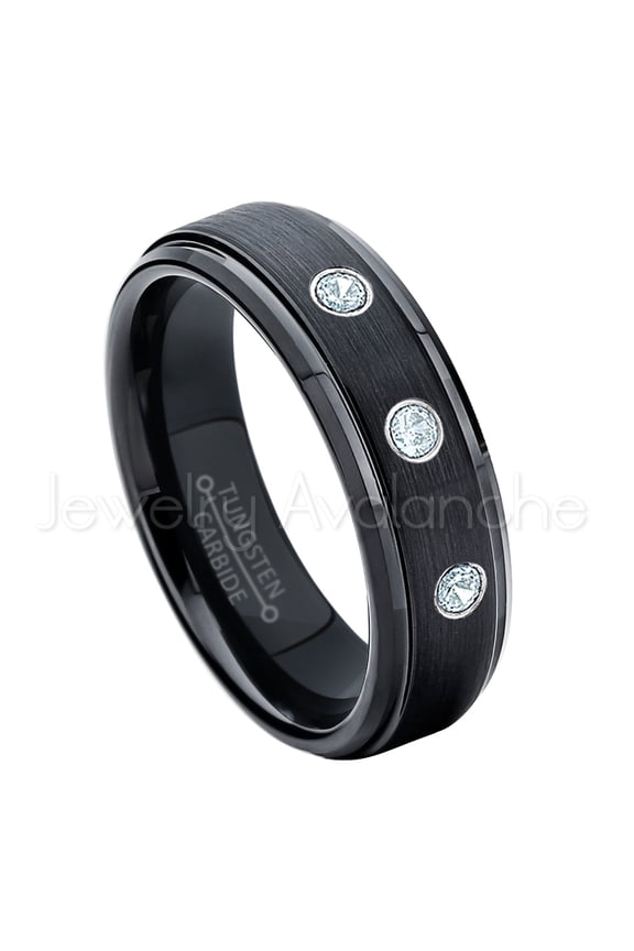 6mm Brushed Black Tungsten Ring - 0.21ctw Aquamarine 3-stone Band - Personalized Tungsten Wedding Ring - Custom Made March Birthstone Ring TN085BS
