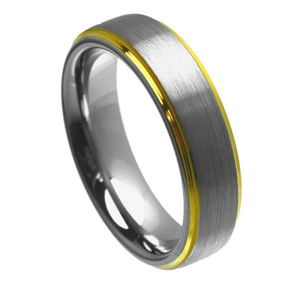 6mm Brushed Center Yellow Gold Plated High Polish Stepped Edge Wedding Band Ring For Men Or Ladies