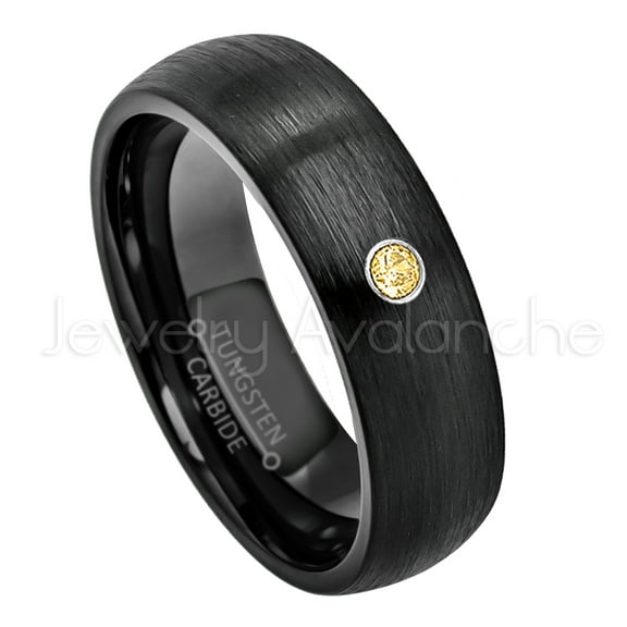 6mm Brushed Dome Black Tungsten Ring - 0.07ct Solitaire Citrine Ring - Personalized Tungsten Wedding Ring - Custom Made November Birthstone Ring TN233BS