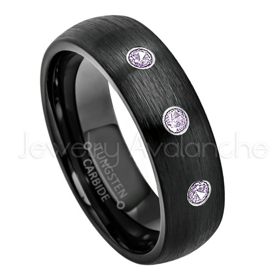 6mm Brushed Dome Black Tungsten Ring - 0.21ctw Amethyst 3-stone Band - Personalized Tungsten Wedding Ring - Custom Made February Birthstone Ring TN233BS