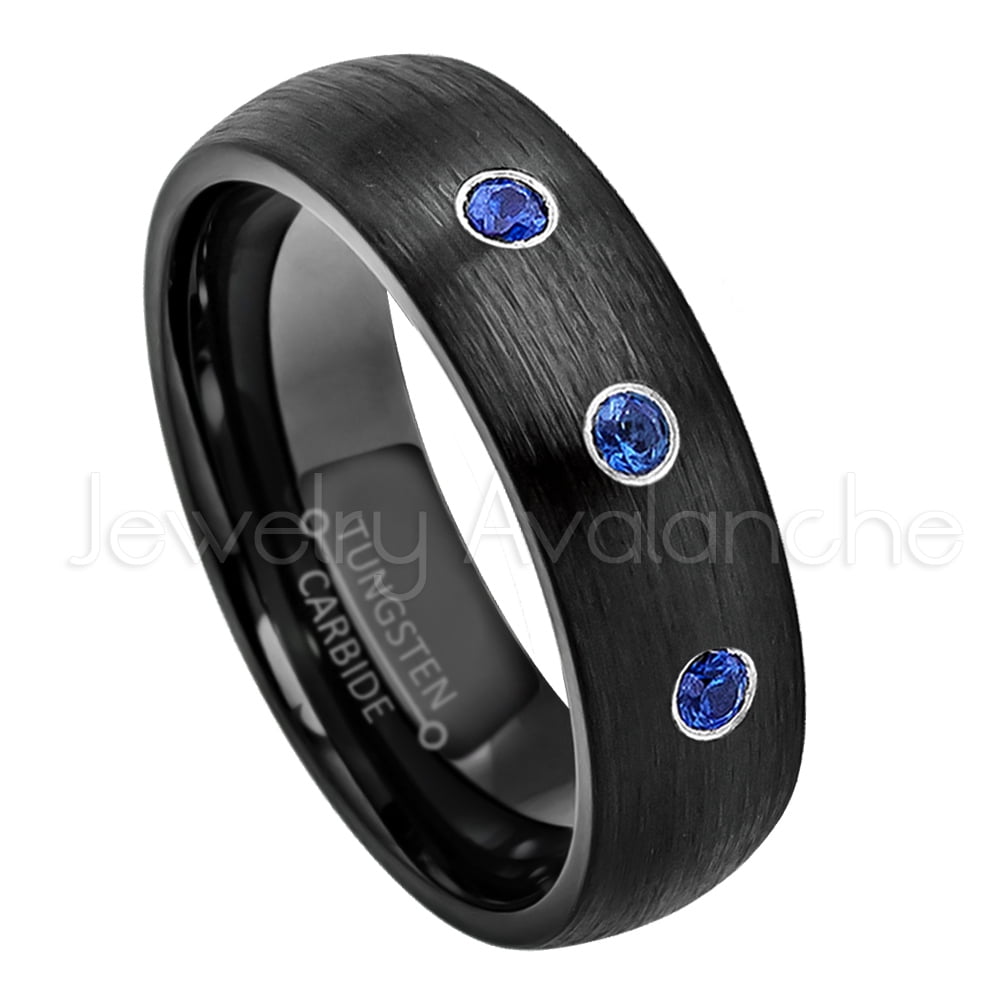 6mm Brushed Dome Black Tungsten Ring - 0.21ctw Blue Sapphire 3-stone ...