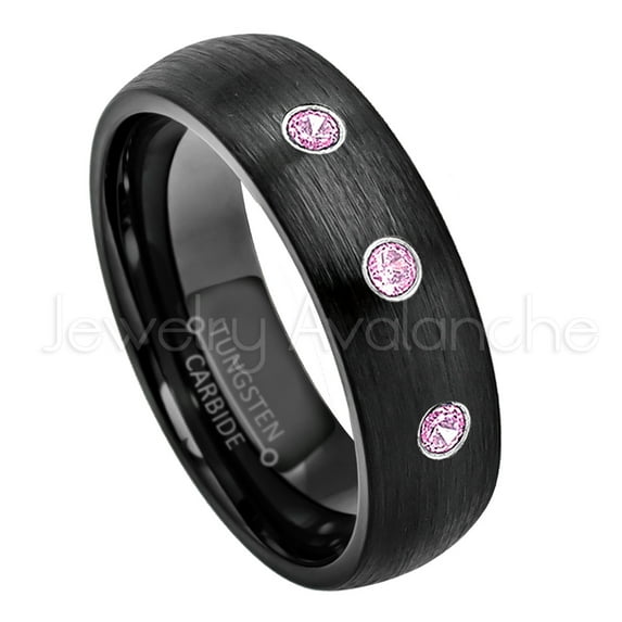 6mm Brushed Dome Black Tungsten Ring - 0.21ctw Pink Tourmaline 3-stone Band - Personalized Tungsten Wedding Ring - Custom Made October Birthstone Ring TN233BS