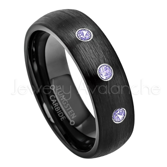 6mm Brushed Dome Black Tungsten Ring - 0.21ctw Tanzanite 3-stone Band - Personalized Tungsten Wedding Ring - Custom Made December Birthstone Ring TN233BS