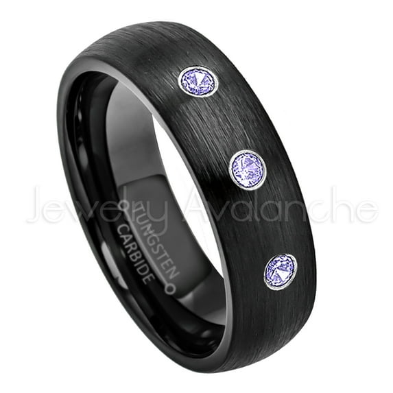 6mm Brushed Dome Black Tungsten Ring - 0.21ctw Tanzanite 3-stone Band - Personalized Tungsten Wedding Ring - Custom Made December Birthstone Ring TN233BS