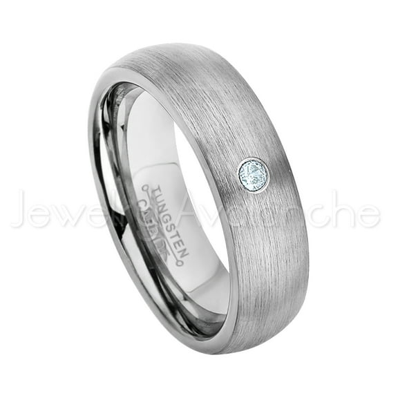 6mm Brushed Dome Tungsten Ring - 0.07ct Solitaire Aquamarine Ring - Personalized Tungsten Wedding Ring - Custom Made March Birthstone Ring TN060BS