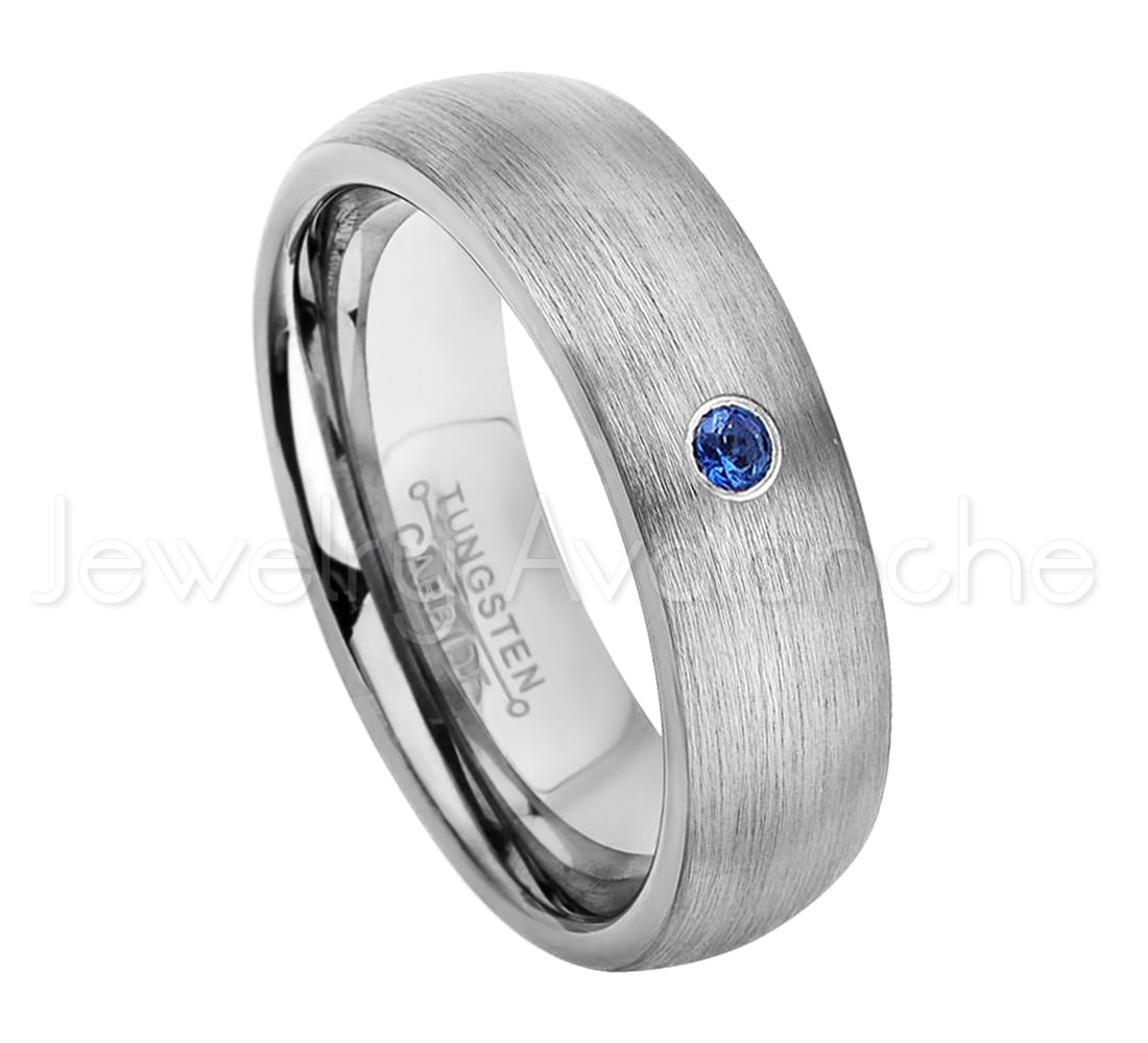 6mm Brushed Dome Tungsten Ring - 0.07ct Solitaire Blue Sapphire Ring - Personalized Tungsten ...