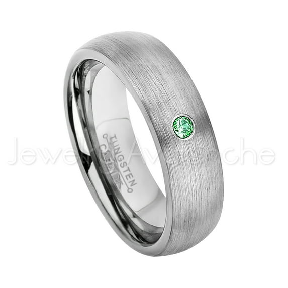 6mm Brushed Dome Tungsten Ring - 0.07ct Solitaire Emerald Ring - Personalized Tungsten Wedding Ring - Custom Made May Birthstone Ring TN060BS