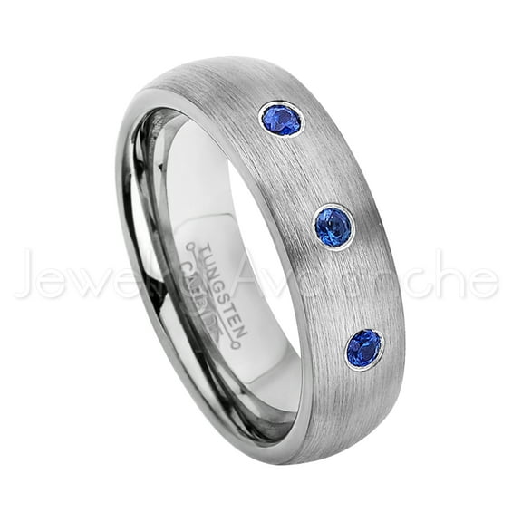 6mm Brushed Dome Tungsten Ring - 0.21ctw Blue Sapphire 3-stone Band - Personalized Tungsten Wedding Ring - Custom Made September Birthstone Ring TN060BS