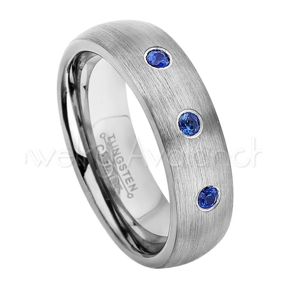 6mm Brushed Dome Tungsten Ring - 0.21ctw Blue Sapphire 3-stone Band - Personalized Tungsten Wedding Ring - Custom Made September Birthstone Ring TN060BS