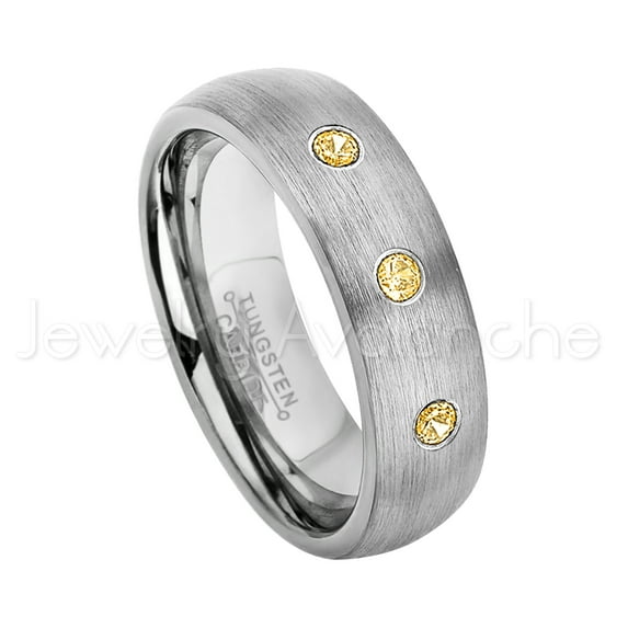 6mm Brushed Dome Tungsten Ring - 0.21ctw Citrine 3-stone Band - Personalized Tungsten Wedding Ring - Custom Made November Birthstone Ring TN060BS
