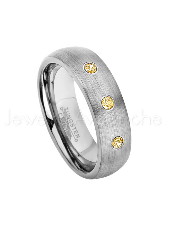 6mm Brushed Dome Tungsten Ring - 0.21ctw Citrine 3-stone Band - Personalized Tungsten Wedding Ring - Custom Made November Birthstone Ring TN060BS