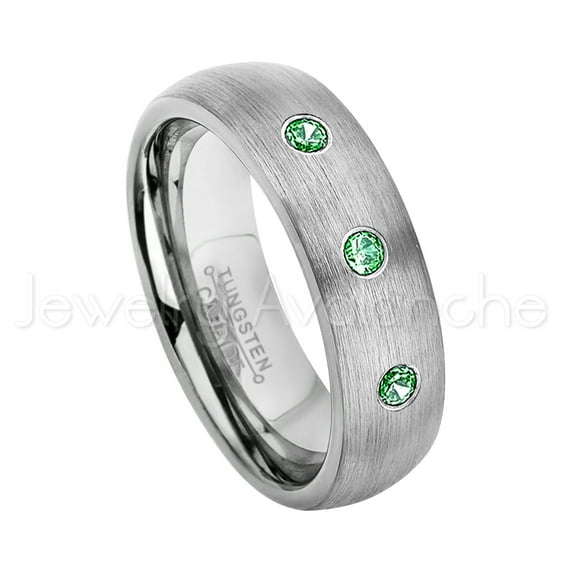 6mm Brushed Dome Tungsten Ring - 0.21ctw Emerald 3-stone Band - Personalized Tungsten Wedding Ring - Custom Made May Birthstone Ring TN060BS