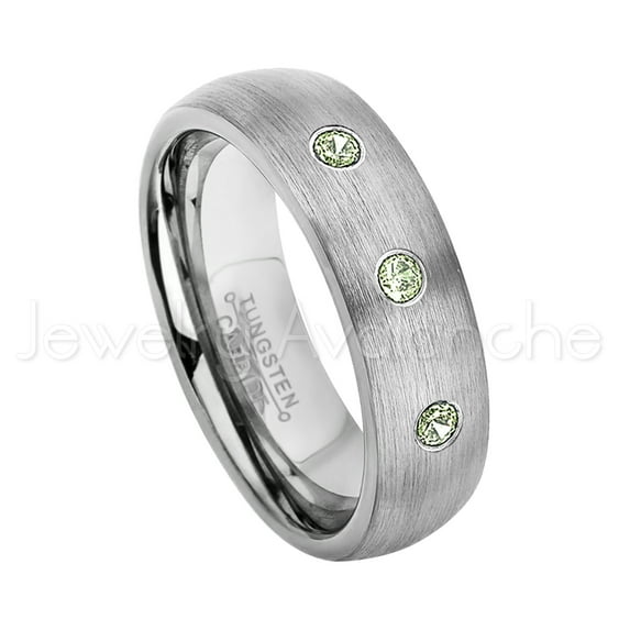 6mm Brushed Dome Tungsten Ring - 0.21ctw Peridot 3-stone Band - Personalized Tungsten Wedding Ring - Custom Made August Birthstone Ring TN060BS