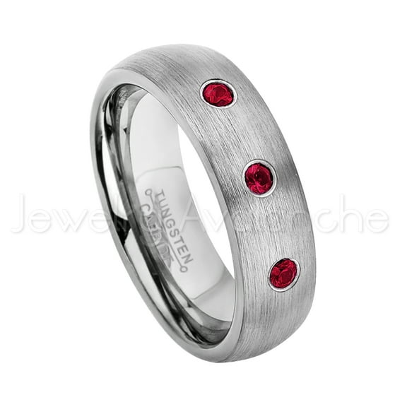 6mm Brushed Dome Tungsten Ring - 0.21ctw Ruby 3-stone Band - Personalized Tungsten Wedding Ring - Custom Made July Birthstone Ring TN060BS