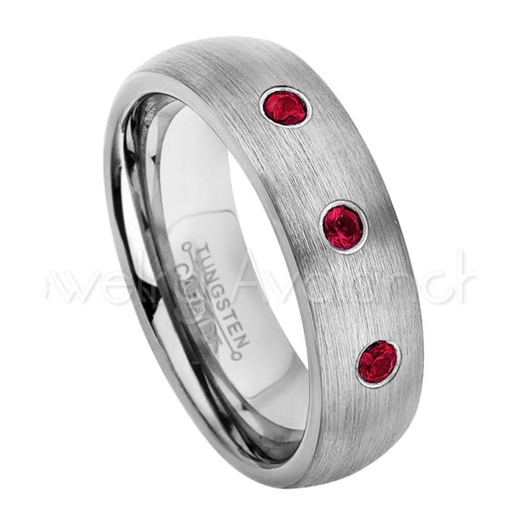 6mm Brushed Dome Tungsten Ring - 0.21ctw Ruby 3-stone Band - Personalized Tungsten Wedding Ring - Custom Made July Birthstone Ring TN060BS
