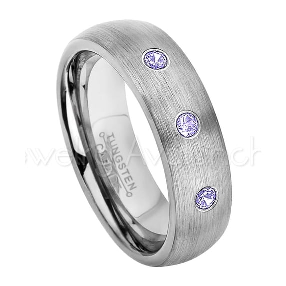 6mm Brushed Dome Tungsten Ring - 0.21ctw Tanzanite 3-stone Band - Personalized Tungsten Wedding Ring - Custom Made December Birthstone Ring TN060BS