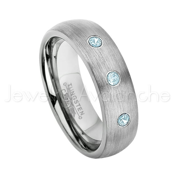 6mm Brushed Dome Tungsten Ring - 0.21ctw Topaz 3-stone Band - Personalized Tungsten Wedding Ring - Custom Made November Birthstone Ring TN060BS