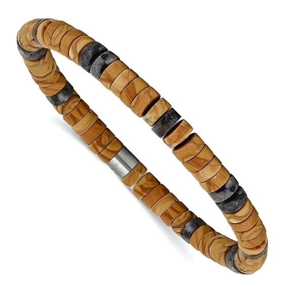 6mm Stainless Steel Grain Stone and Black Spectrolite Beaded Stretch Bracelet Stretch Bracelet for Women