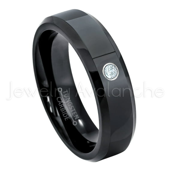 6mm Comfort Fit Beveled Black Tungsten Ring - 0.07ct Solitaire Aquamarine Ring - Personalized Tungsten Wedding Ring - Custom Made March Birthstone Ring TN086BS