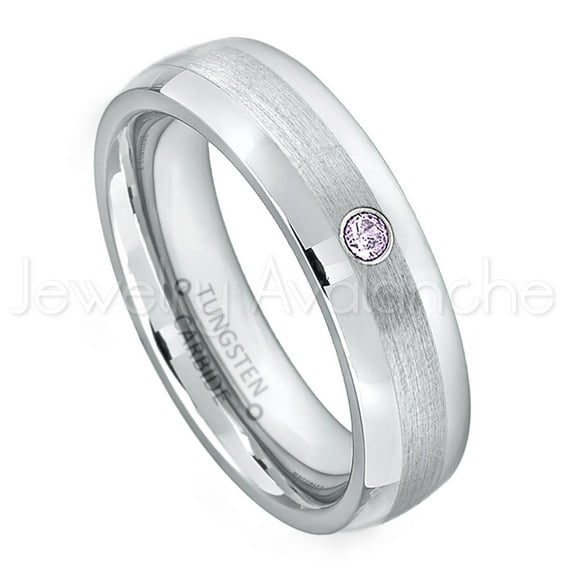 6mm Comfort Fit Dome Tungsten Ring - 0.07ct Solitaire Amethyst Ring - Personalized Tungsten Wedding Ring - Custom Made February Birthstone Ring TN006BS
