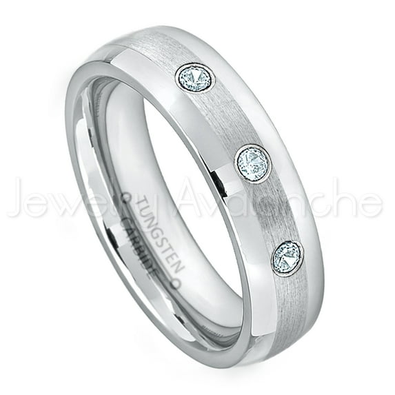 6mm Comfort Fit Dome Tungsten Ring - 0.21ctw Aquamarine 3-stone Band - Personalized Tungsten Wedding Ring - Custom Made March Birthstone Ring TN006BS