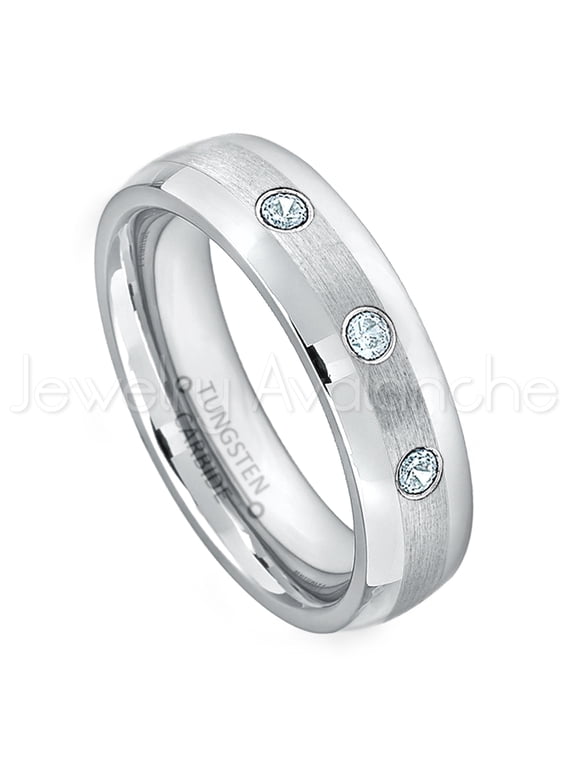6mm Comfort Fit Dome Tungsten Ring - 0.21ctw Aquamarine 3-stone Band - Personalized Tungsten Wedding Ring - Custom Made March Birthstone Ring TN006BS