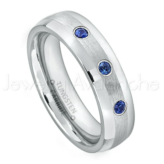 6mm Comfort Fit Dome Tungsten Ring - 0.21ctw Blue Sapphire 3-stone Band - Personalized Tungsten Wedding Ring - Custom Made September Birthstone Ring TN006BS