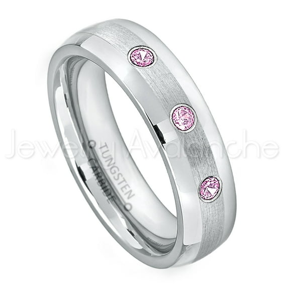 6mm Comfort Fit Dome Tungsten Ring - 0.21ctw Pink Tourmaline 3-stone Band - Personalized Tungsten Wedding Ring - Custom Made October Birthstone Ring TN006BS
