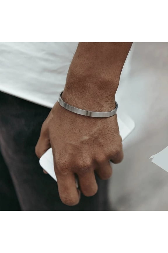 6mm Cuff Bangles Bracelets for Men Women,Flat Skinny 14K White Gold Bracelets,Cool Punk Jewelry Gifts