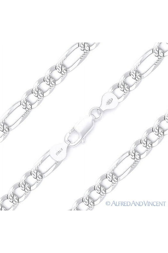 6mm Figaro / Figaroa Link D-Cut Pave Italian Chain Bracelet in .925 Sterling Silver