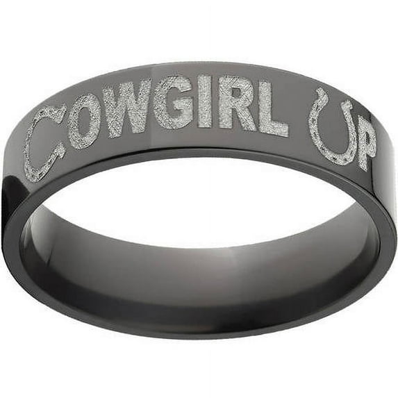 6mm Flat Black Zirconium Ring with "Cowgirl Up" Laser Design