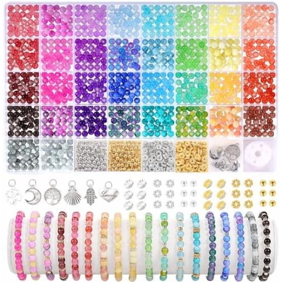 6mm Glass Beads for Jewelry Making, 1396pcs Ink Patterns Crystal Beads for Bracelets,  34 Colors Round Glass Beads Kits for Necklace DIY Earrings Crafts with Spacer Beads and Charms