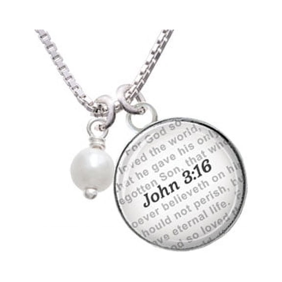 6mm Glass Imitation Pearl Bead Drop - Bible Verse John 3:16 Glass Dome Necklace