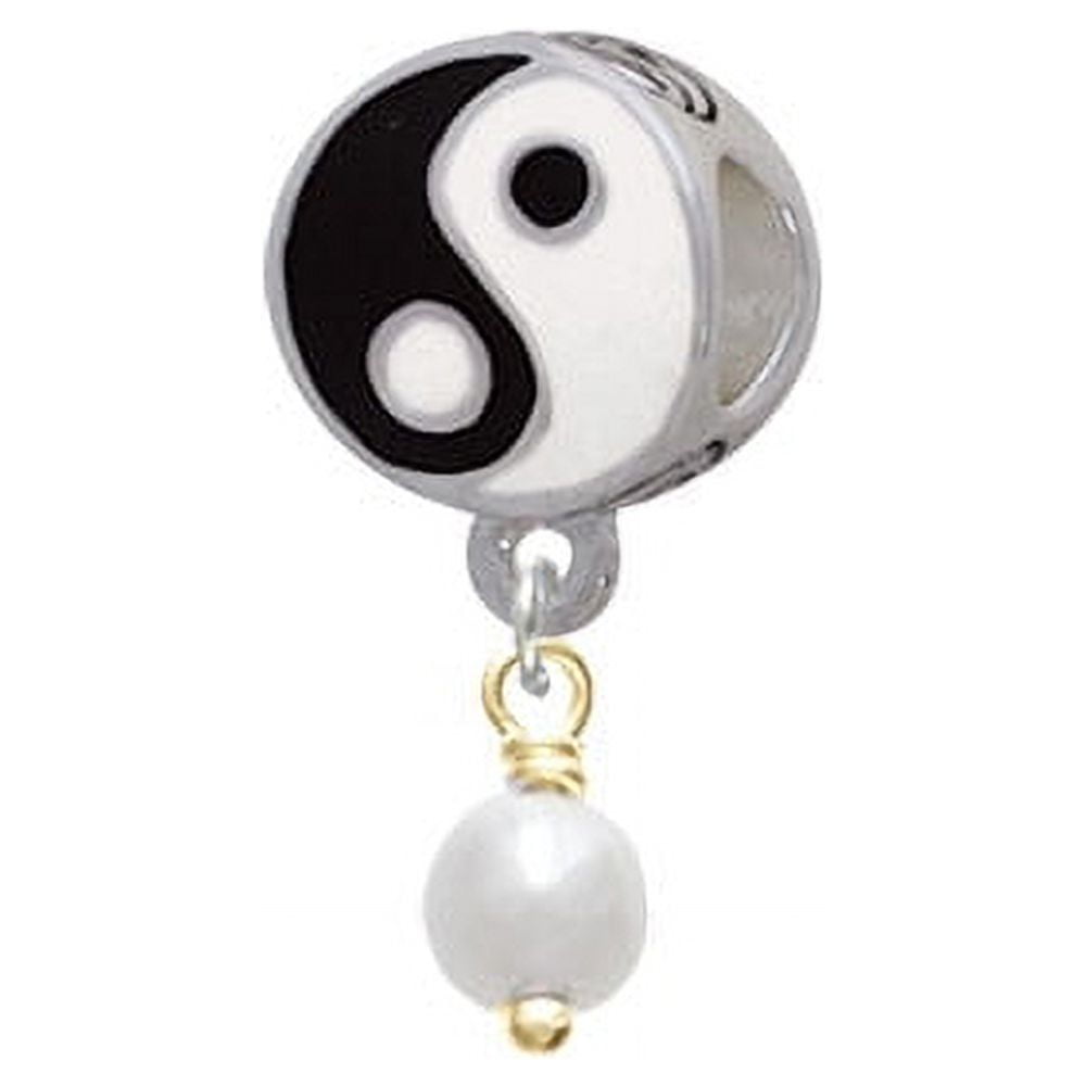 6mm Glass Imitation Pearl Gold Tone Bead Drop - Yin Yang Charm Bead