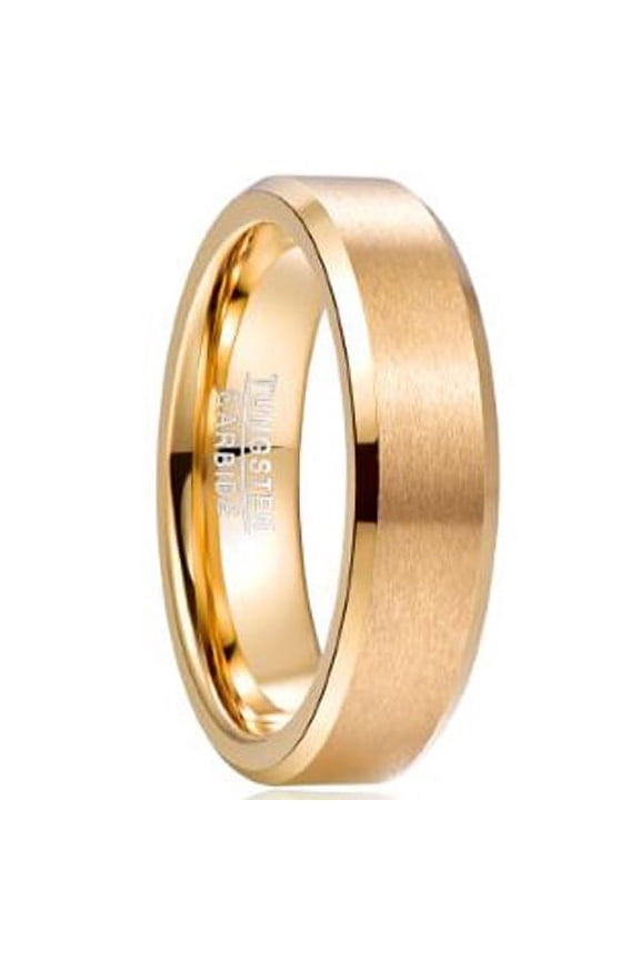 6mm Gold Plated Tungsten Rings for Men Women Matte Finish Wedding Band with Beveled Edges