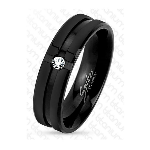 6mm Grooved Step Edge Black IP Solitaire CZ Titanium Men's Ring Wedding Band (SIZE: 10)
