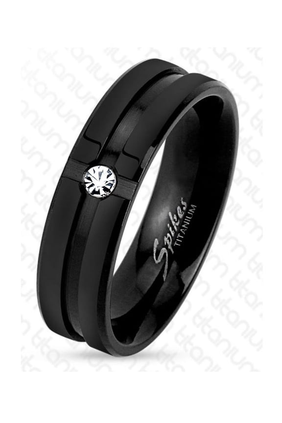 6mm Grooved Step Edge Black IP Solitaire CZ Titanium Men's Ring Wedding Band (SIZE: 10)